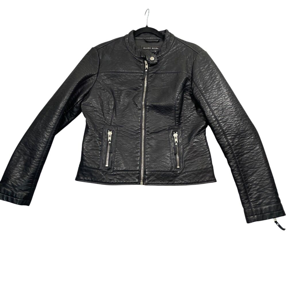 Blanc Noir Black Large Full Zip Long Sleeve Coat Lined Faux Leather Pockets